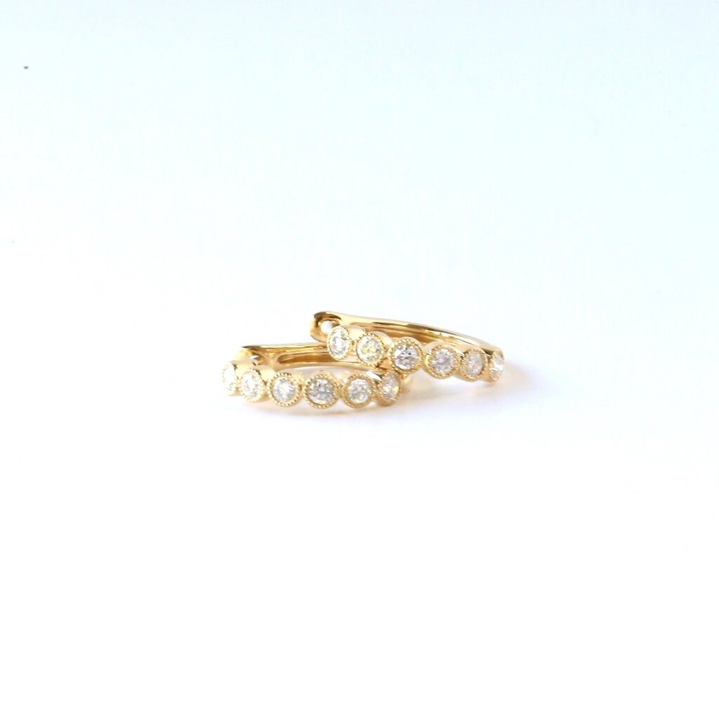 18k Yellow Gold .32ct Round Diamond Milgrain Bezel Huggie Hoop Earrings