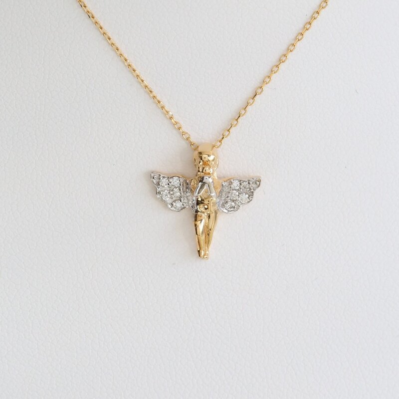 American Jewelry 14k Yellow Gold .10ctw Diamond Praying Cherub Angel Necklace