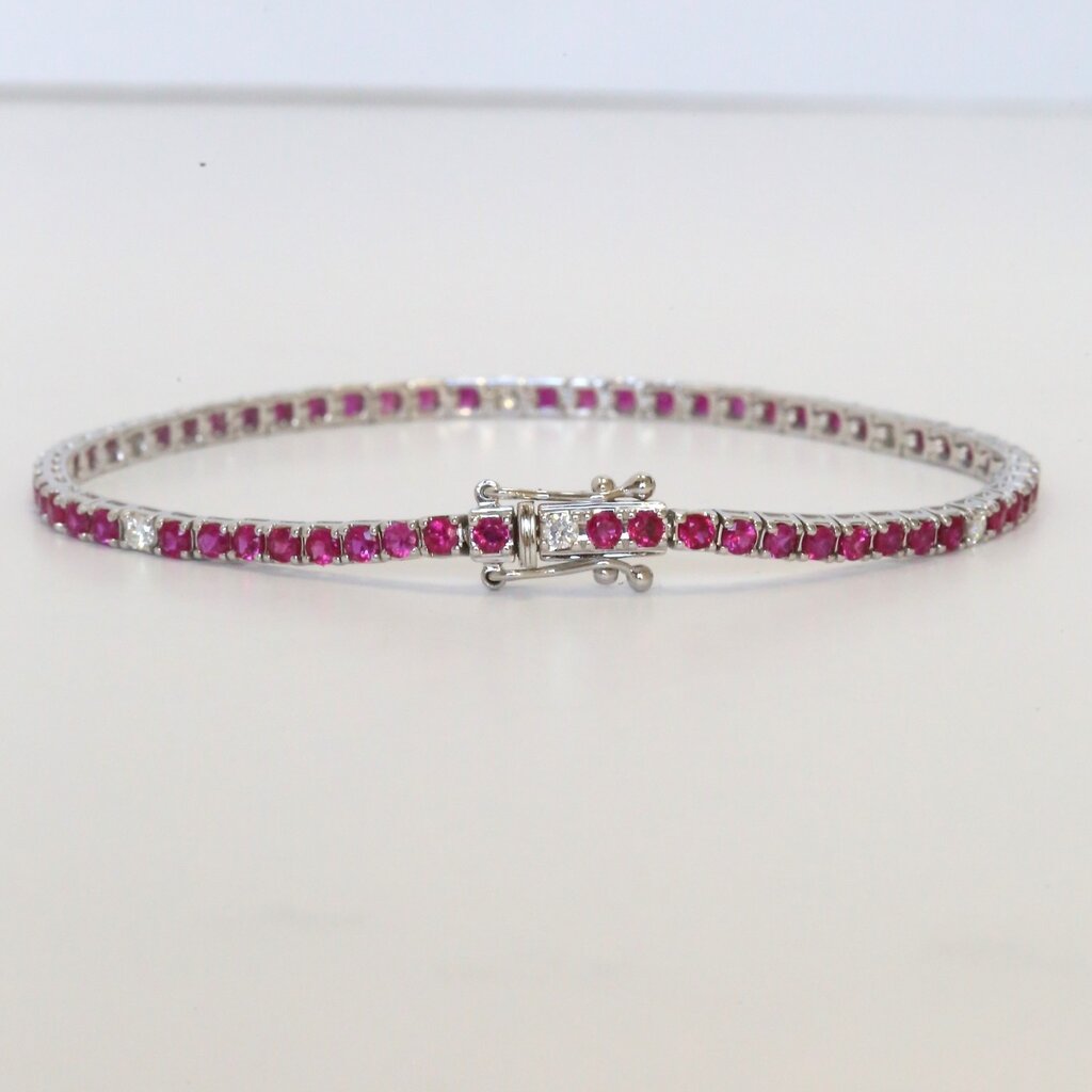 American Jewelry 14k White Gold .23ctw Diamond 3.04ctw Ruby Tennis Bracelet (7")