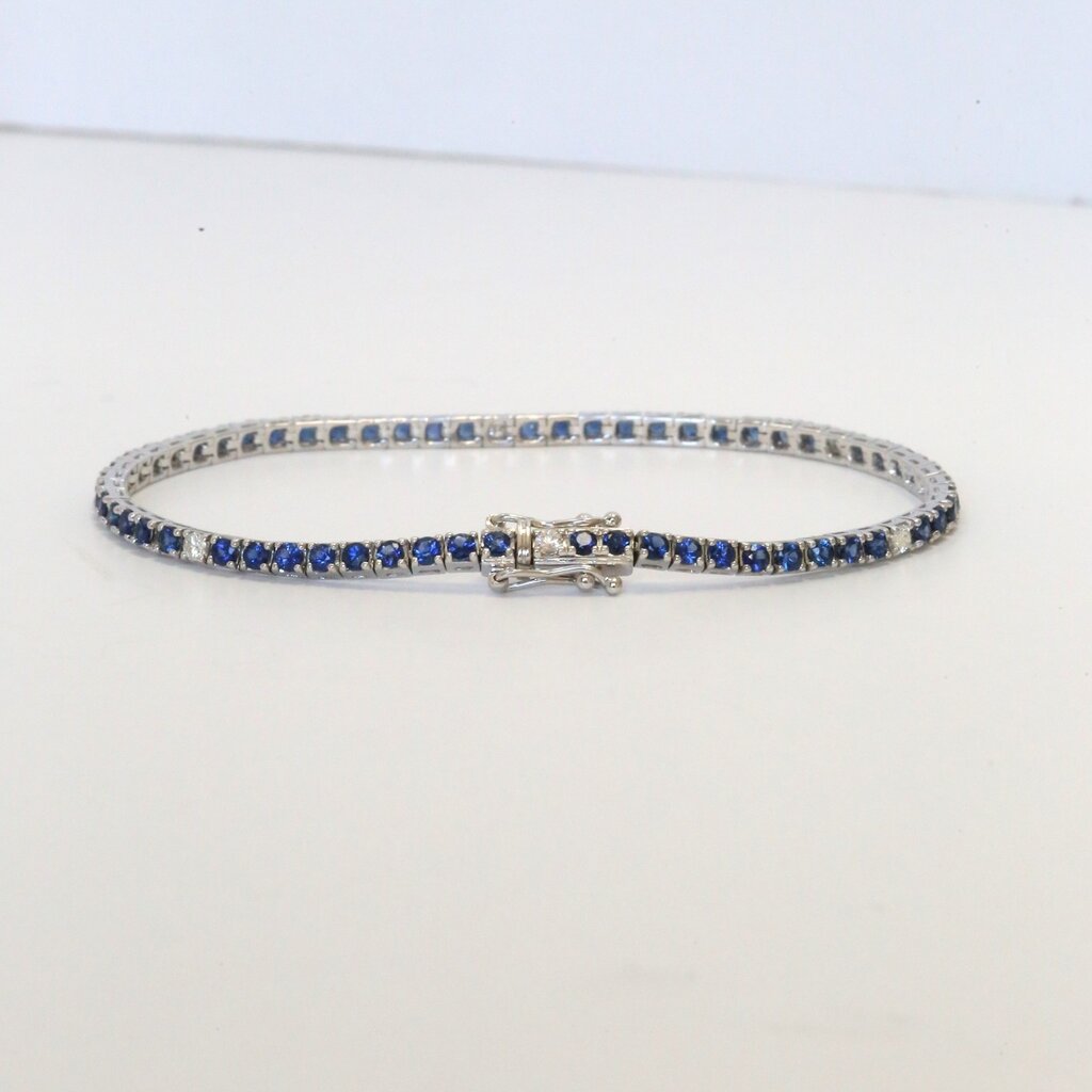 14k White Gold .23ct VS Diamond 3.05ct Blue Sapphire Tennis Bracelet (7")