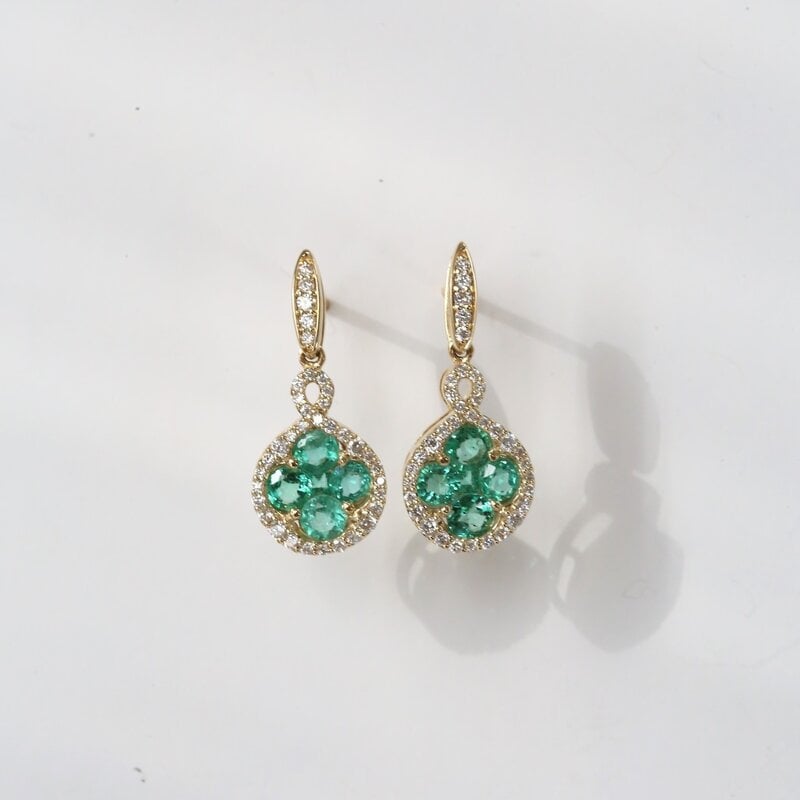 14k Yellow Gold .28ctw Diamonds .90ctw Emerald Dangle Drop Earrings
