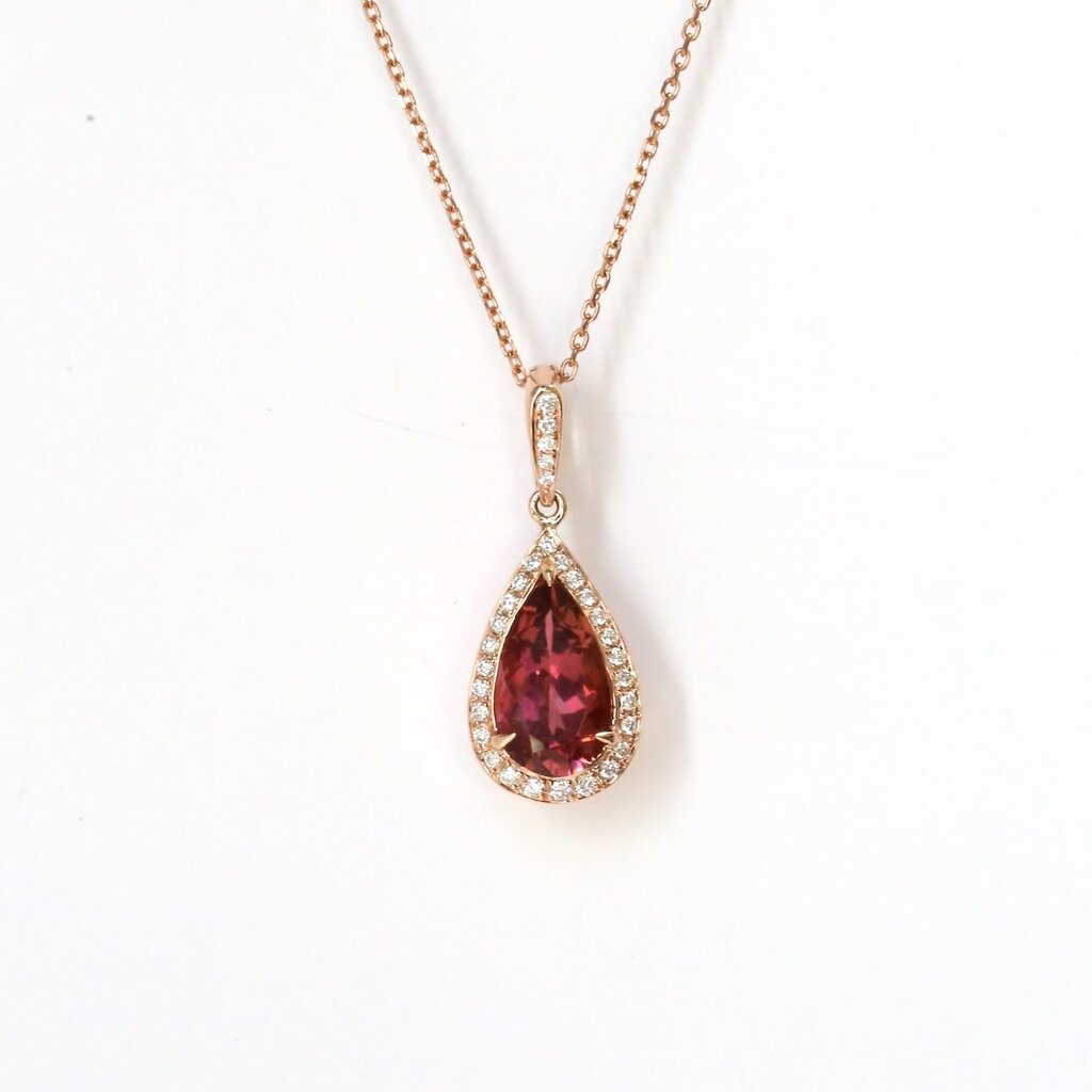 American Jewelry 14k Rose Gold .18ctw Diamond 2.17ctw Pink Tourmaline Pear Halo Necklace (18")