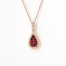 American Jewelry 14k Rose Gold .18ctw Diamond 2.17ctw Pink Tourmaline Pear Halo Necklace (18")