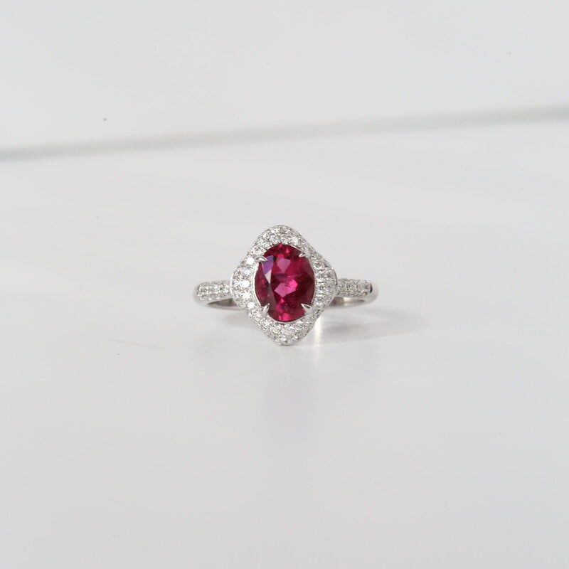 American Jewelry 14k White Gold .44ctw Diamond 1.11ct Oval Rubelite Double Halo Ring (Size 6.5)