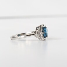 American Jewelry 14k White Gold .16ctw Diamond 2.2ct Round London Blue Topaz Geometric Halo Ring (Size 6.5)