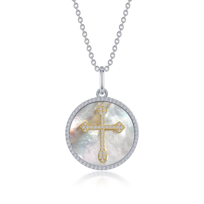 Lafonn Lafonn Sterling Silver w/ Platinum Cross on Mother of Pearl Disc Necklace