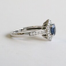 American Jewelry 14k White Gold .50ct Diamond 1.17ct Sapphire Round Halo Ring (Size 7)