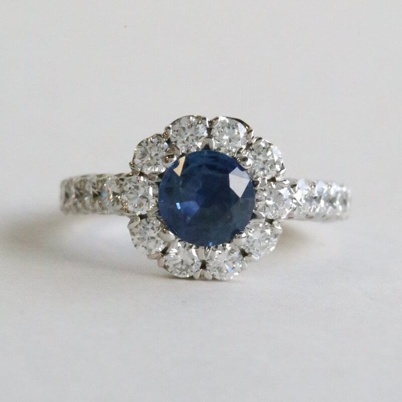 American Jewelry 14k White Gold 1.2ctw Sapphire .85ctw Diamond Round Halo Ring (Size 7)