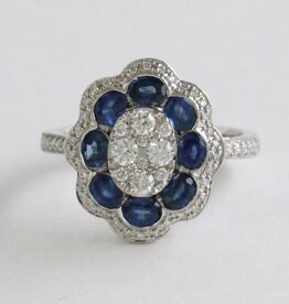 American Jewelry 14k White Gold 1.8ct Sapphire .44ct Diamond Double Halo Cluster Ring