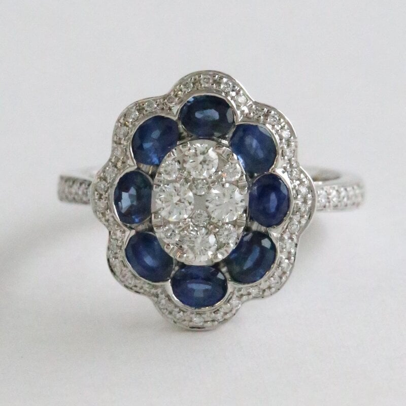 American Jewelry 14k White Gold 1.8ct Sapphire .44ct Diamond Double Halo Cluster Ring