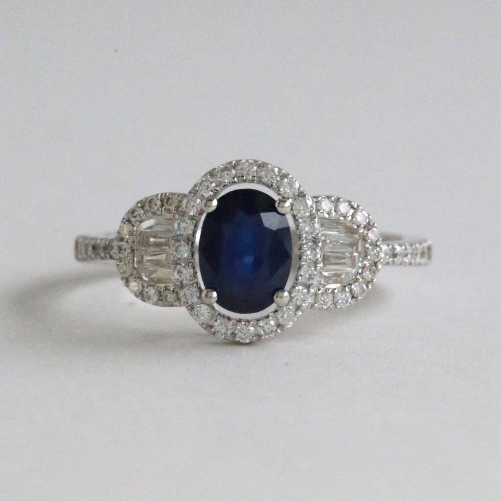American Jewelry 14k White Gold 1.10ct Sapphire .43ct Diamond Baguette, Oval, and Round Halo Ring