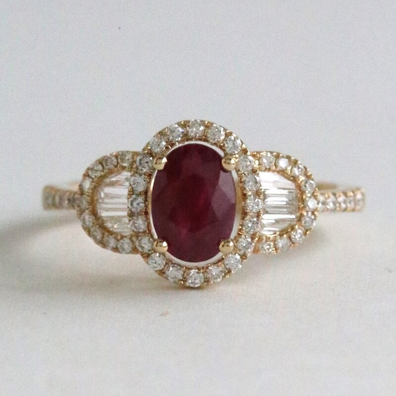 American Jewelry 14k Yellow Gold 1.10ct Ruby .43ct Diamond Baguette Oval and Round Halo Ring