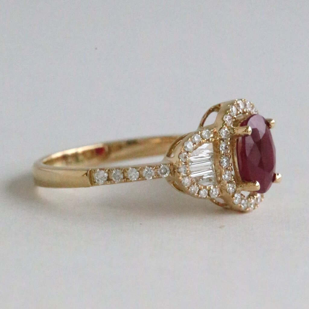 American Jewelry 14k Yellow Gold 1.10ct Ruby .43ct Diamond Baguette Oval and Round Halo Ring