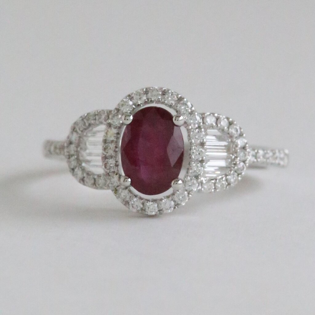 American Jewelry 14k White Gold 1.10ct Ruby .43ct Diamond Baguette Oval and Round Halo Ring