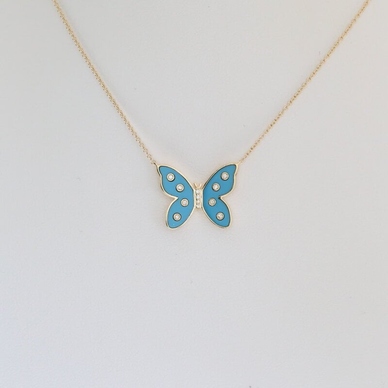 American Jewelry 14k Yellow Gold Blue w/ Diamond Accent Butterfly Necklace