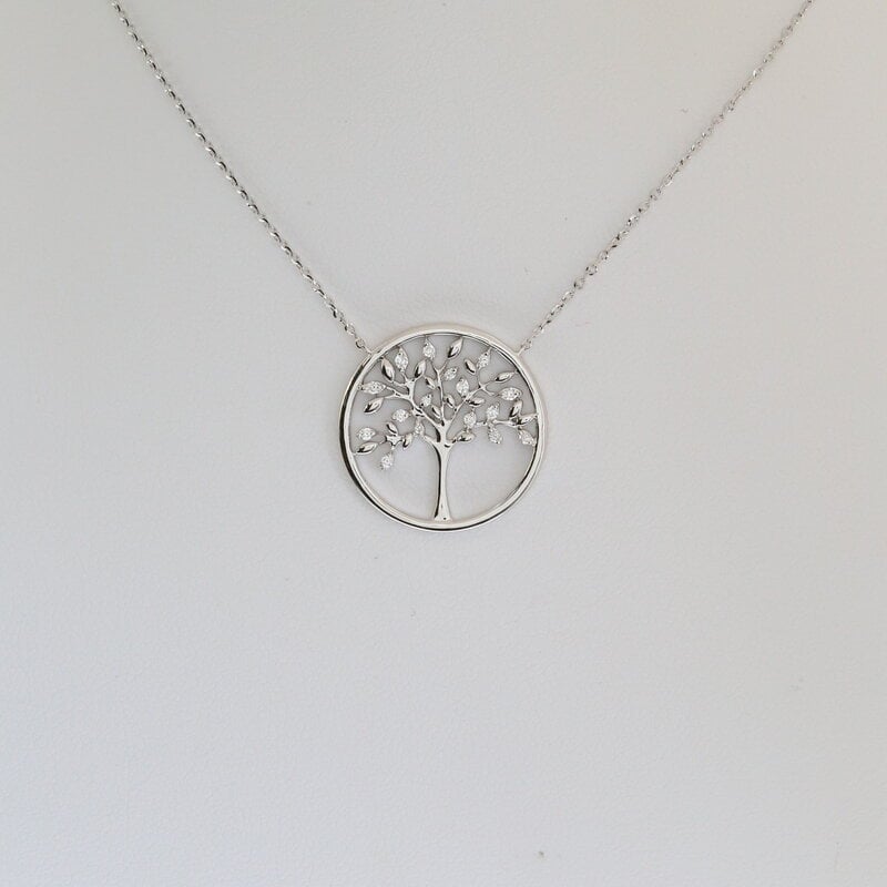 American Jewelry 14k White Gold .10ctw Diamond Family Tree Open Necklace