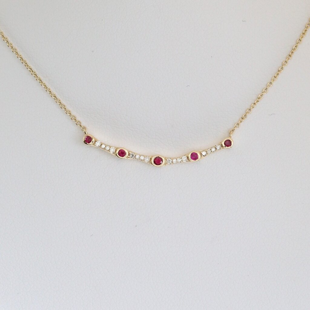 American Jewelry 14k Yellow Gold .10ctw Ruby .07ctw  Station Curved Bar Necklace