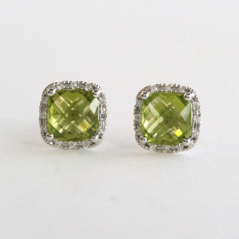 American Jewelry 14k White Gold 2.59ct Peridot .08ct Diamond Cushion Halo Earrings