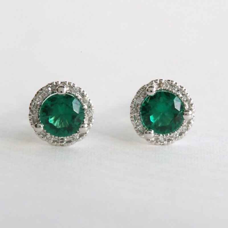 American Jewelry 14k White Gold .46ct Lab Emerald .06ct Diamond Halo Stud Earrings