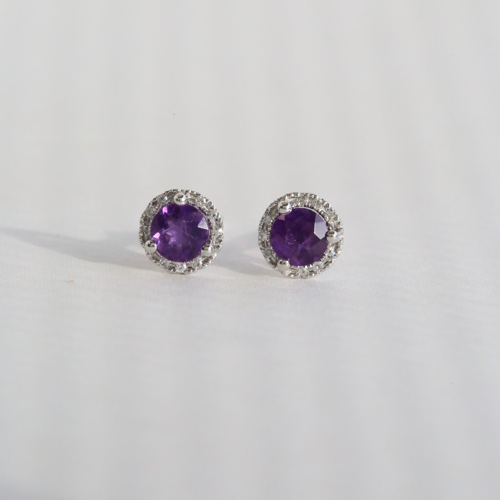 American Jewelry 14k White Gold .49ctw Amethyst .06ctw Diamond Halo Stud Earrings