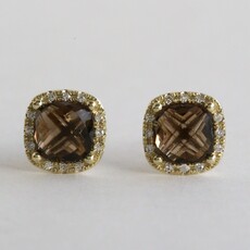 American Jewelry 14k Yellow Gold 1.94ctw Smoky Quartz .07ct Diamond Cushion Halo Stud Earrings