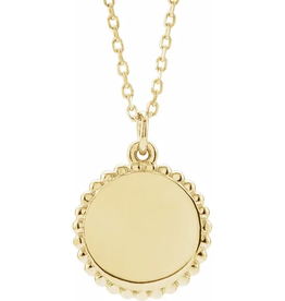 American Jewelry 14k Yellow Gold 10mm Engravable Beaded Disc Pendant (16"-18" Adjustable)