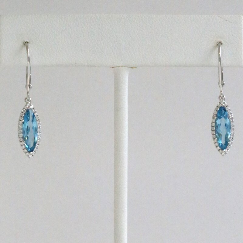 American Jewelry 14k White Gold 2.5ct Blue Topaz .22ct Diamond Marquise Halo Dangle Earrings