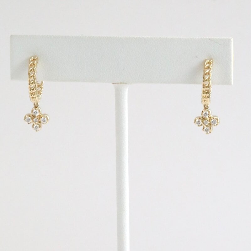 American Jewelry 14k Yellow Gold .27ctw Diamond Chain Hoop Earrings w/ Clover Dangle