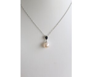 14k White Gold .20ct Sapphire .04ct Diamond Pearl Dangle Necklace 