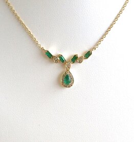 American Jewelry 14k Yellow Gold .52ctw Emerald .10ctw Diamond Pear Halo and Zig Zag Necklace