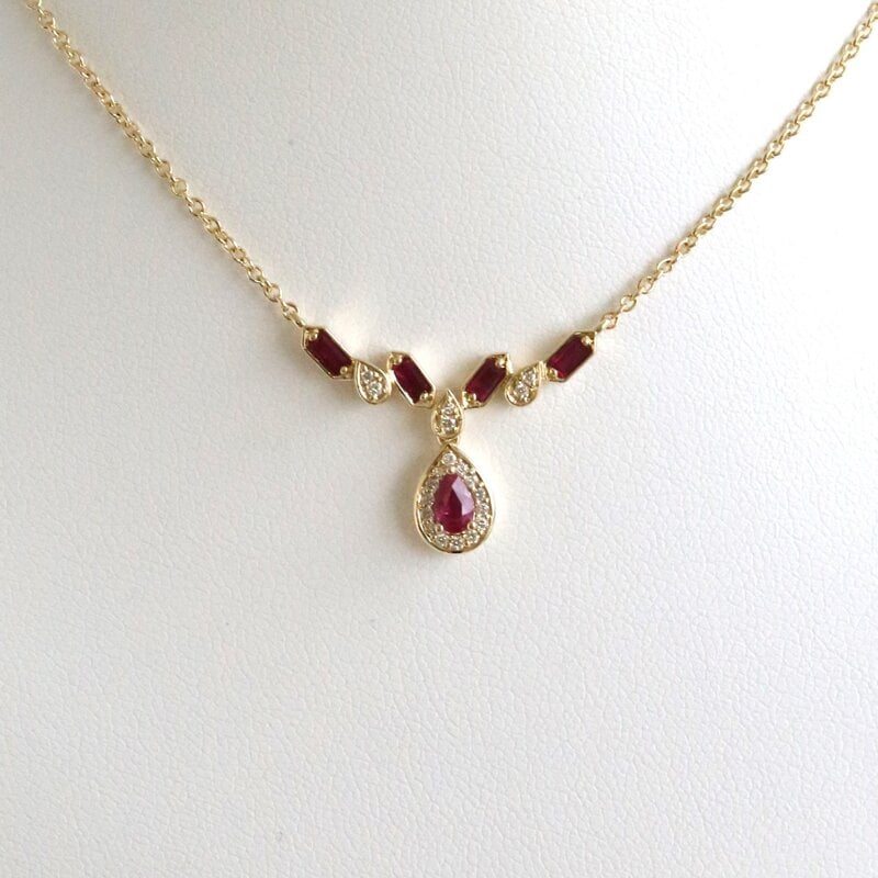American Jewelry 14k Yellow Gold .56ct Ruby .10ct Diamond Pear Halo and Zig Zag Necklace