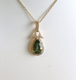 American Jewelry 14k Yellow Gold 1ct Green Topaz .23ct Diamond Pear Halo Necklace