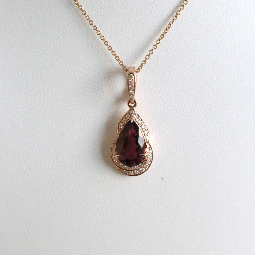 American Jewelry 14k Rose Gold 2ctw Pink Tourmaline .16ctw Diamond Pear Shape Halo Necklace