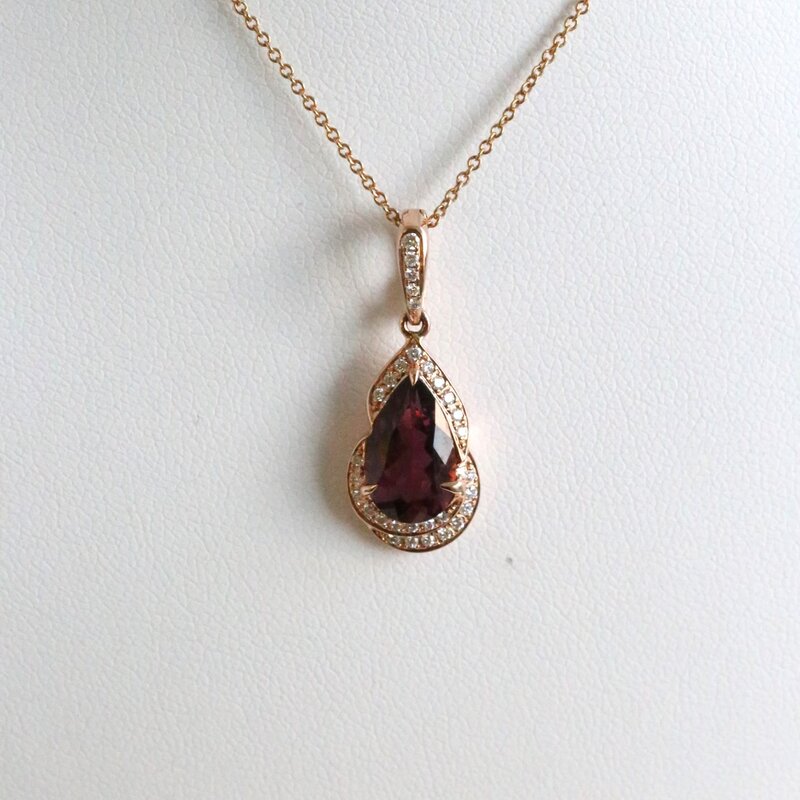 American Jewelry 14k Rose Gold 2ctw Pink Tourmaline .16ctw Diamond Pear Shape Halo Necklace