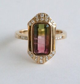 American Jewelry 14k Yellow Gold 3ct BiColor Tourmaline .17ctw Diamond Art Deco Emerald Cut Ring
