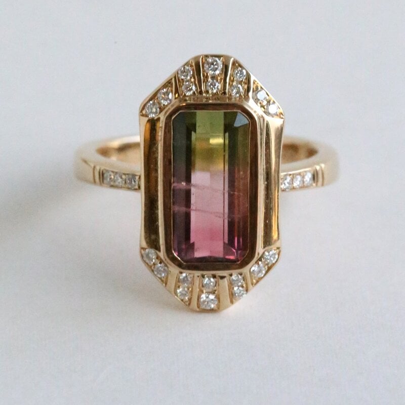 American Jewelry 14k Yellow Gold 3ct BiColor Tourmaline .17ctw Diamond Art Deco Emerald Cut Ring
