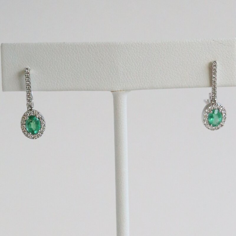 American Jewelry 14k White Gold .78ct Emerald .25ct Diamond Oval Halo Dangle Earrings