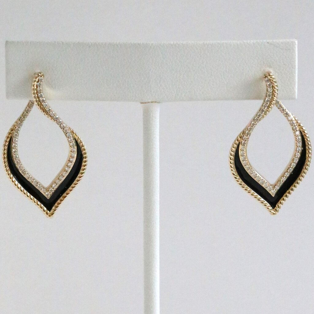 American Jewelry 14k Yellow Gold Black Enamel .52ct Diamond Open Dangle Earrings