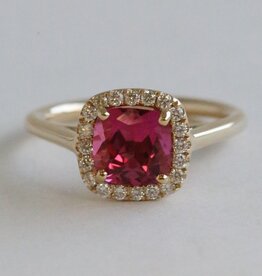 American Jewelry 14k Yellow Gold 1.65ctw Pink Tourmaline .20ctw Diamond Cushion Halo Ring
