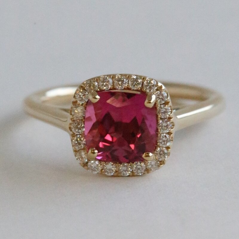 American Jewelry 14k Yellow Gold 1.65ctw Pink Tourmaline .20ctw Diamond Cushion Halo Ring