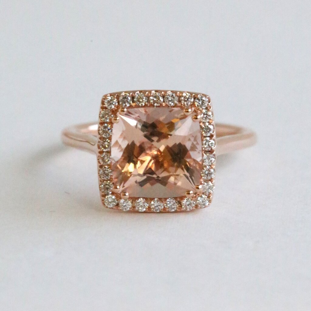 American Jewelry 14k Rose Gold 3.12ctw Morganite .24ctw Diamond Cushion Halo Ring