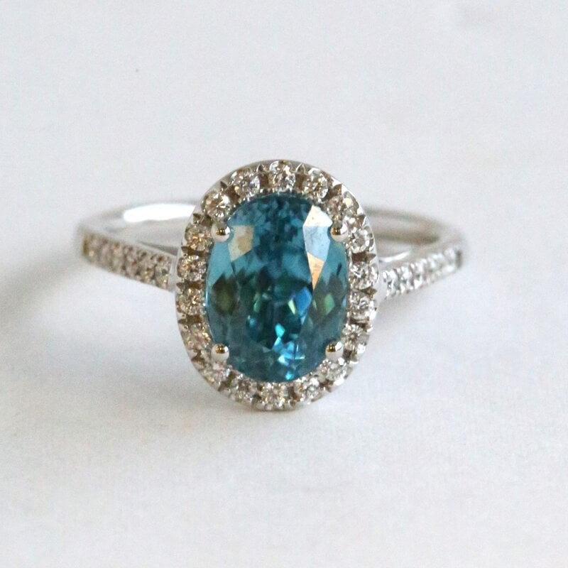 American Jewelry 14k White Gold 3.76ct Blue Zircon .26ct Diamond Oval Halo Ring