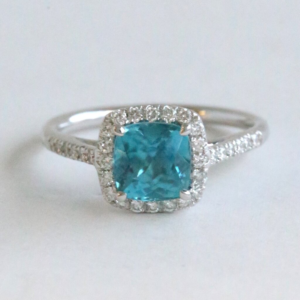 American Jewelry 14k White Gold 2.66ct Blue Zircon .29ct Diamond Cushion Halo Ring