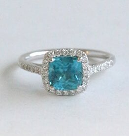 American Jewelry 14k White Gold 2.66ct Blue Zircon .29ct Diamond Cushion Halo Ring