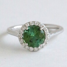 American Jewelry 14k White Gold 1.28ct Green Tourmaline .18ct Diamond Round Halo Ring