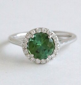 American Jewelry 14k White Gold 1.28ct Green Tourmaline .18ct Diamond Round Halo Ring