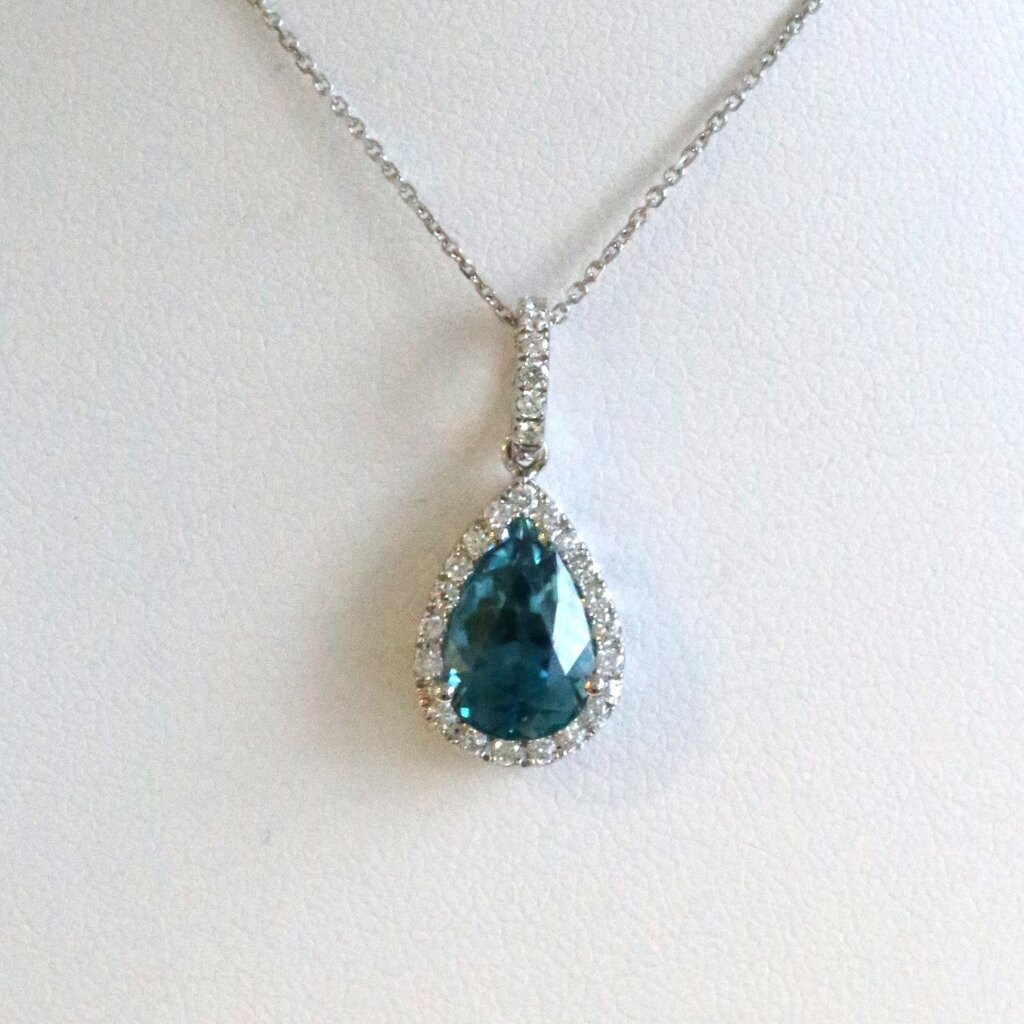 American Jewelry 14k White Gold 3.83ctw Cambodian Blue Zircon .31ctw Diamond Pear Halo Necklace