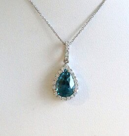 American Jewelry 14k White Gold 3.83ctw Cambodian Blue Zircon .31ctw Diamond Pear Halo Necklace