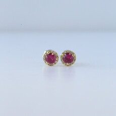 American Jewelry 14k Yellow Gold .61ctw Lab Grown Ruby .06ctw Diamond Petite Halo Stud Earrings