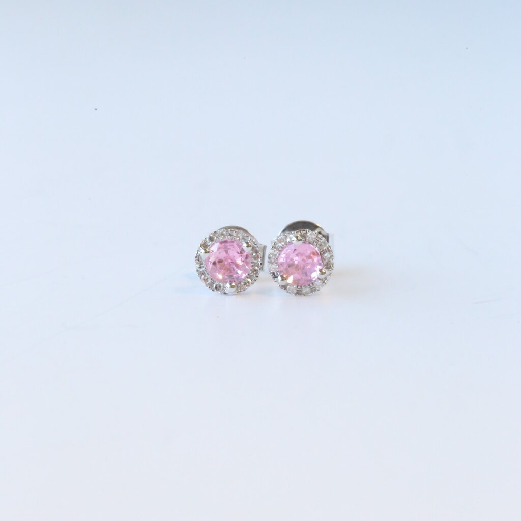 American Jewelry 14k White Gold .90ct Pink Tourmaline .08ctw Diamond Halo Stud Earrings